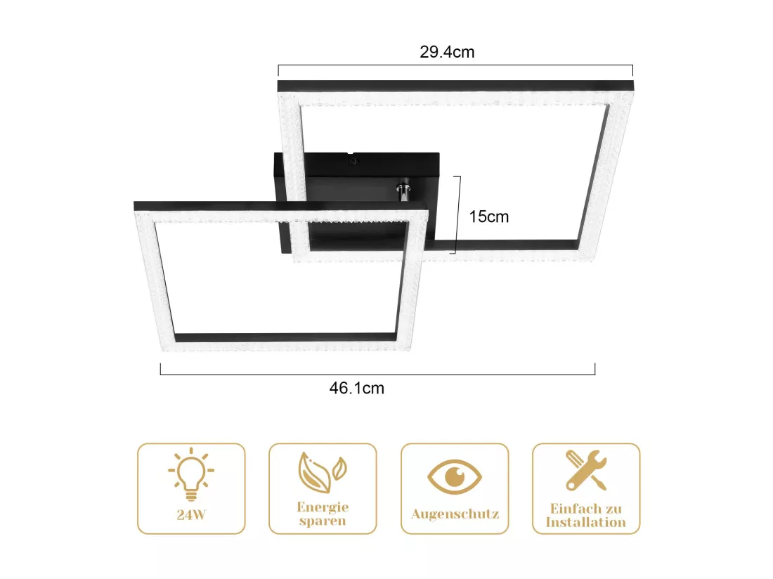 NETTLIFE Plafonnier LED salon noir 3000K blanc chaud moderne cristal chambre lampe 24W pour cuisine chambre couloir