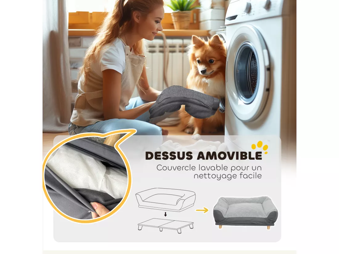 Canapé pour chien grande taille dim. 100L x 70l x 30H cm - housse zippée lavable - bois polyester gris