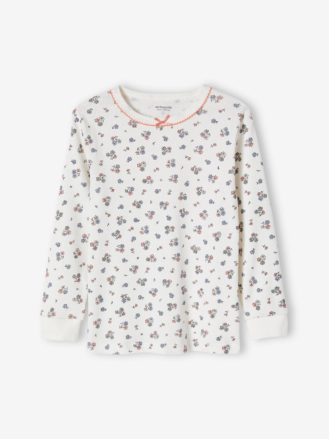 Pijama de malha canelada, personalizável, com estampa floral para meninas, cor cru.