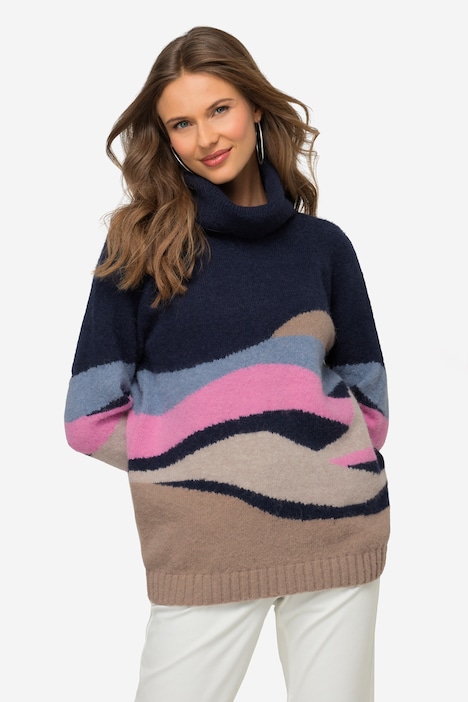 Pullover, Wellen-Muster, Rollkragen, Raglan-Langarm