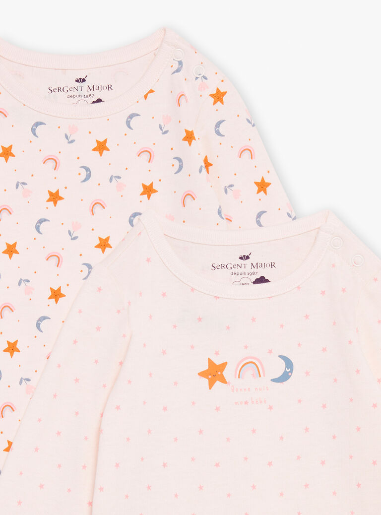 2 bodies blush en coton bio à imprimé et à motifs étoiles, lunes, arc-en-ciel et fleuri