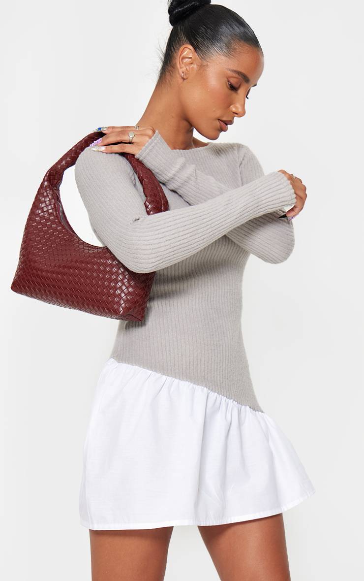 Gris Cendré Robe Droite En Maille Côtelée Brossée À Ourlet Asymétrique
