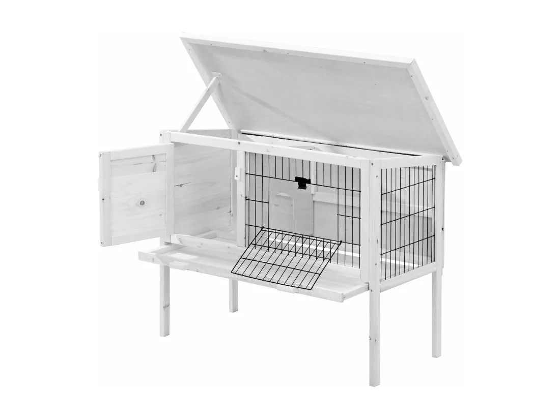 Clapier en bois sur pieds pour lapins et rongeurs - L. 91 x P. 45 x H. 70 cm - Blanc - LAPIUS