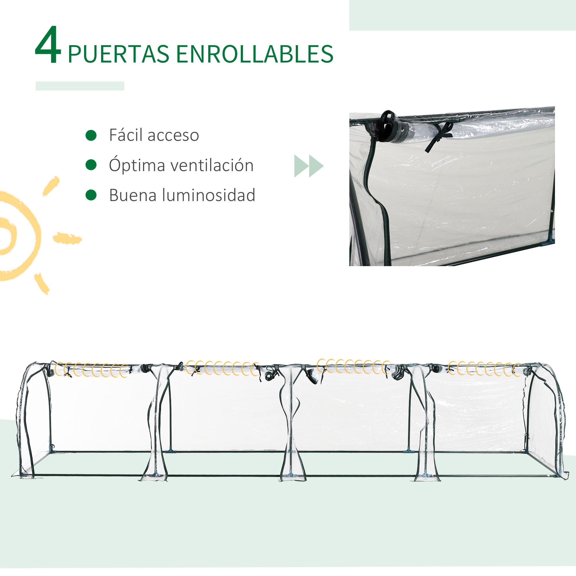 Estufa transparente tipo túnel com estrutura de aço e PVC para jardim.