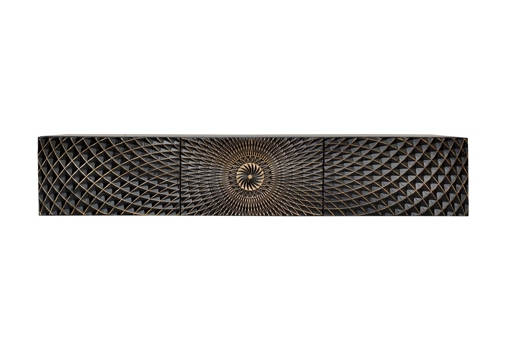 Hängendes TV-Board ILLUSION 160cm schwarz Mangoholz Massivholz mit 3D Schnitzereien gold