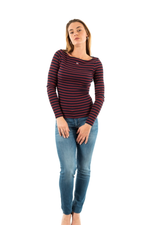 Tee shirt manches longues tommy jeans breton stripe 0g6 regatta red / dark night navy
