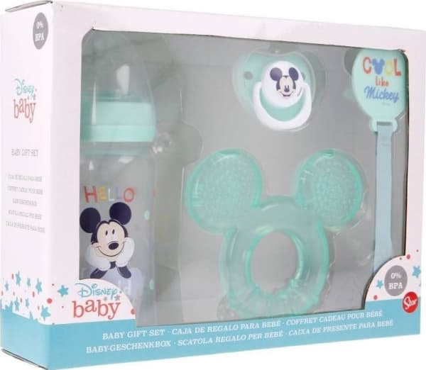 Mikke Mus - for en baby (flaske med brystvorte 240ml, anatomisk spene, bitring, bitringholder) (Kul)