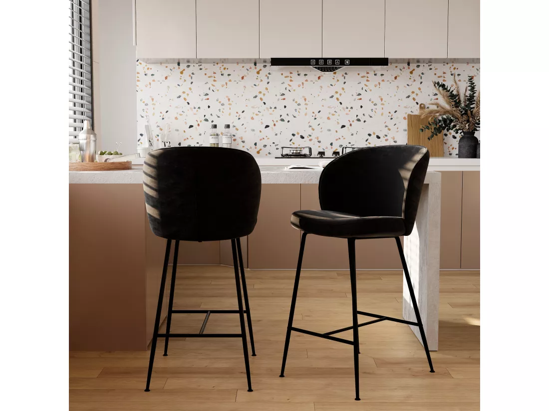 Lot de 2 chaises pour îlot central 66 cm en tissu bouclé noir - Groom