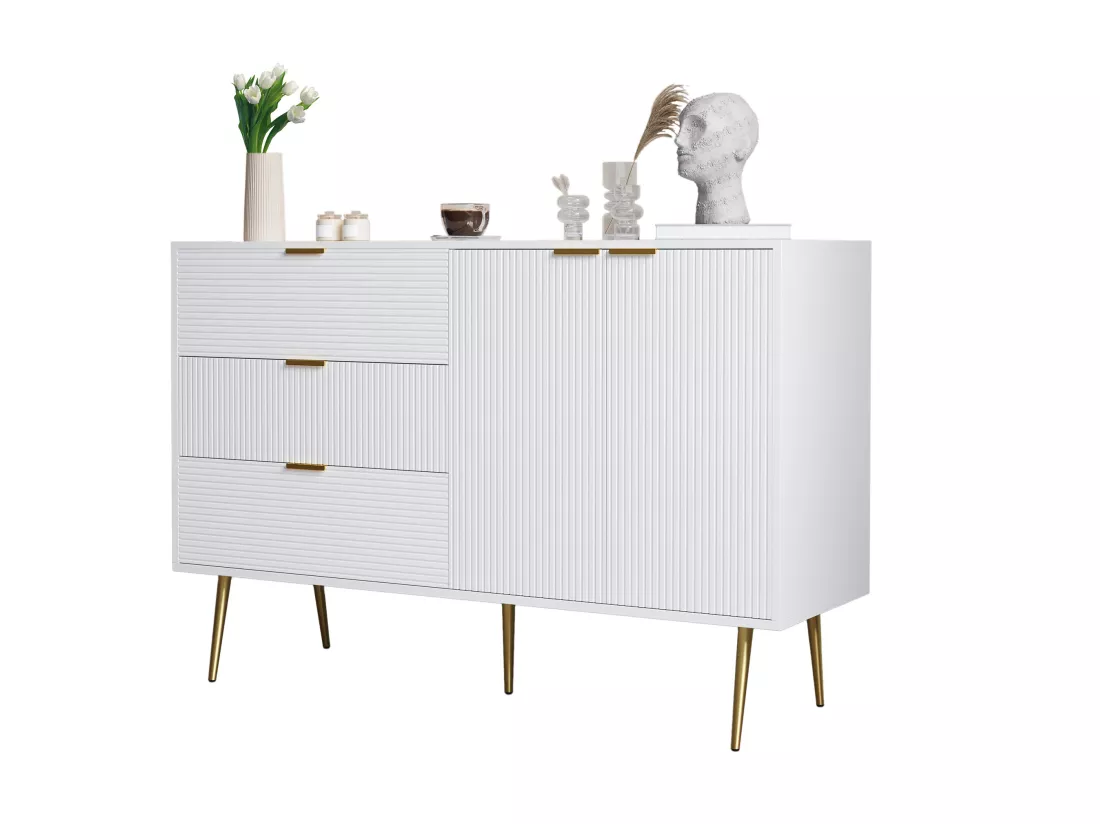 Buffet avec 2 portes et 3 tiroirs - 120 x 38 x 80.5 cm - Poignées et pieds dorés - MDF - Blanc et or