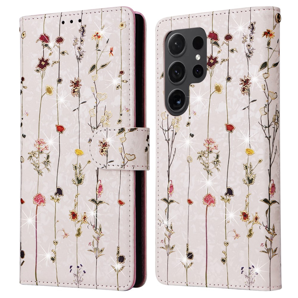 Samsung Galaxy S24 Ultra Leder Tasche mit Kartenfächer - Glitzer Blumenranken