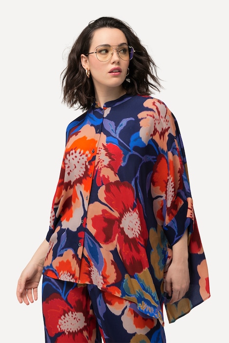 Bluse, Blüten, Oversized, Rundhals, Halbarm
