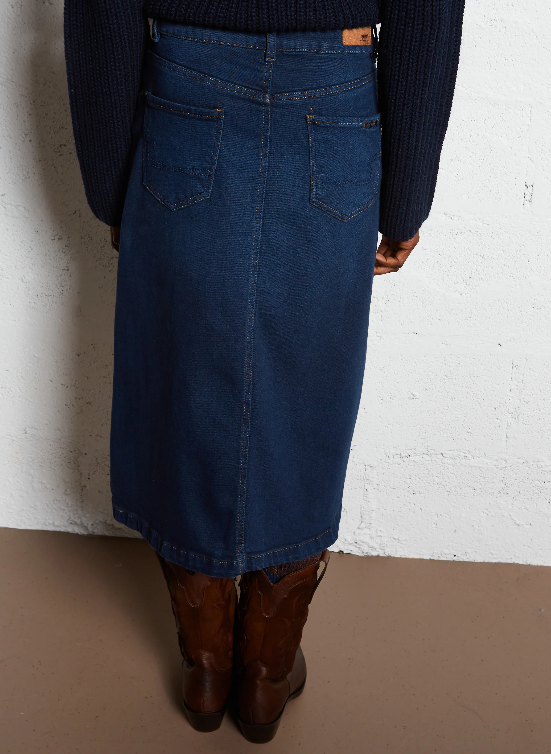 JUSTINE - Jupe midi droit en denim en coton | Bleu