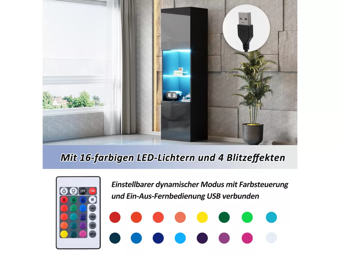Vitrine avec 2 portes et 1 étagère en verre - 45 x 35 x 160 cm - LEDs - Panneaux de particules - Noire brillant