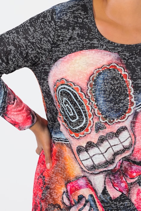 T-Shirt, A-Linie, Totenkopf-Print, Langarm