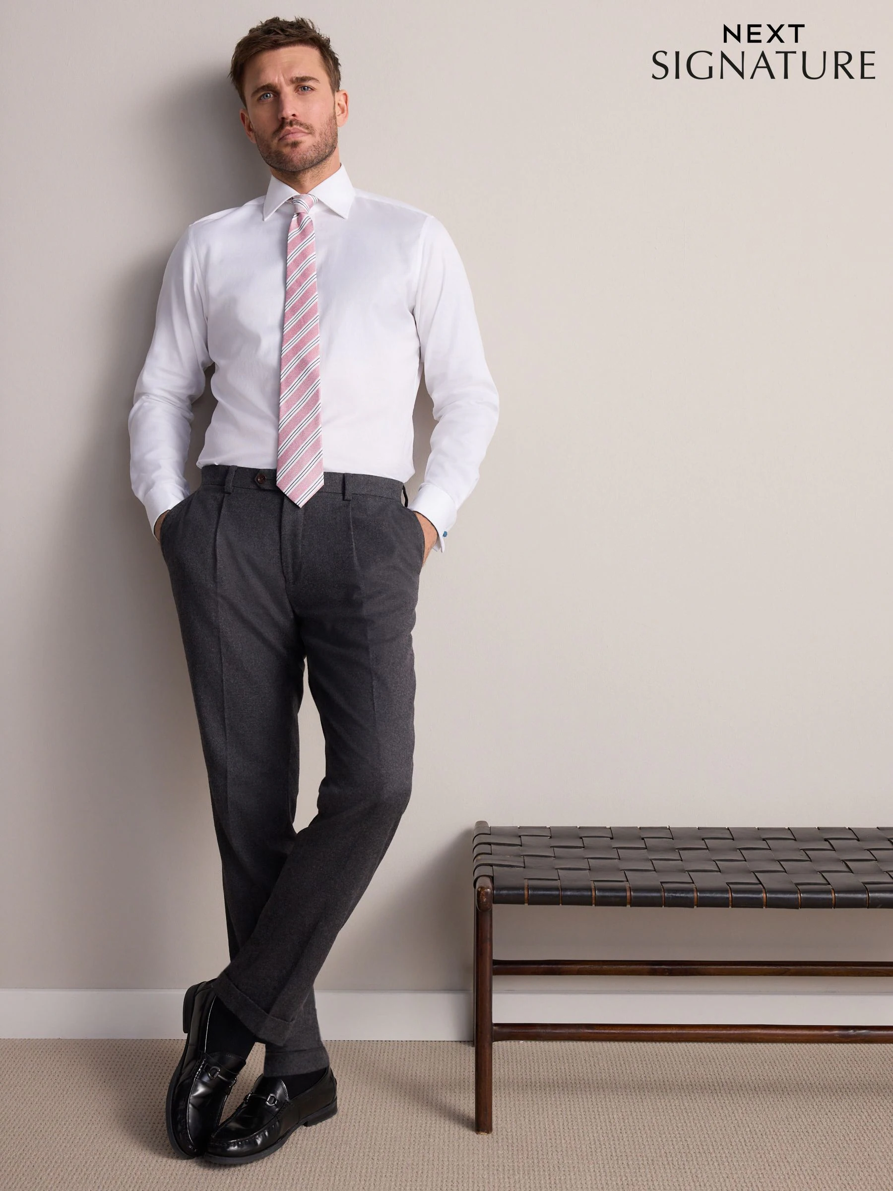 Wit - Slim Fit - Signature premium 100% katoenen overhemd met textuur