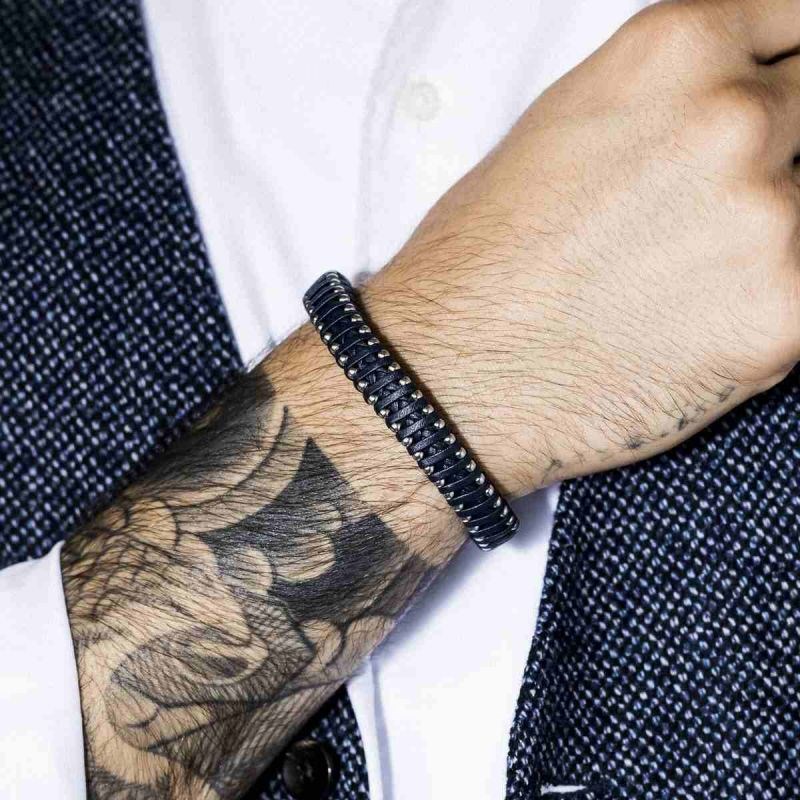 Bracelet Homme acier et cuir bleu marine 