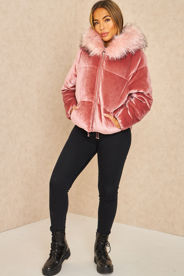 Doudoune en velours big fourrure rose