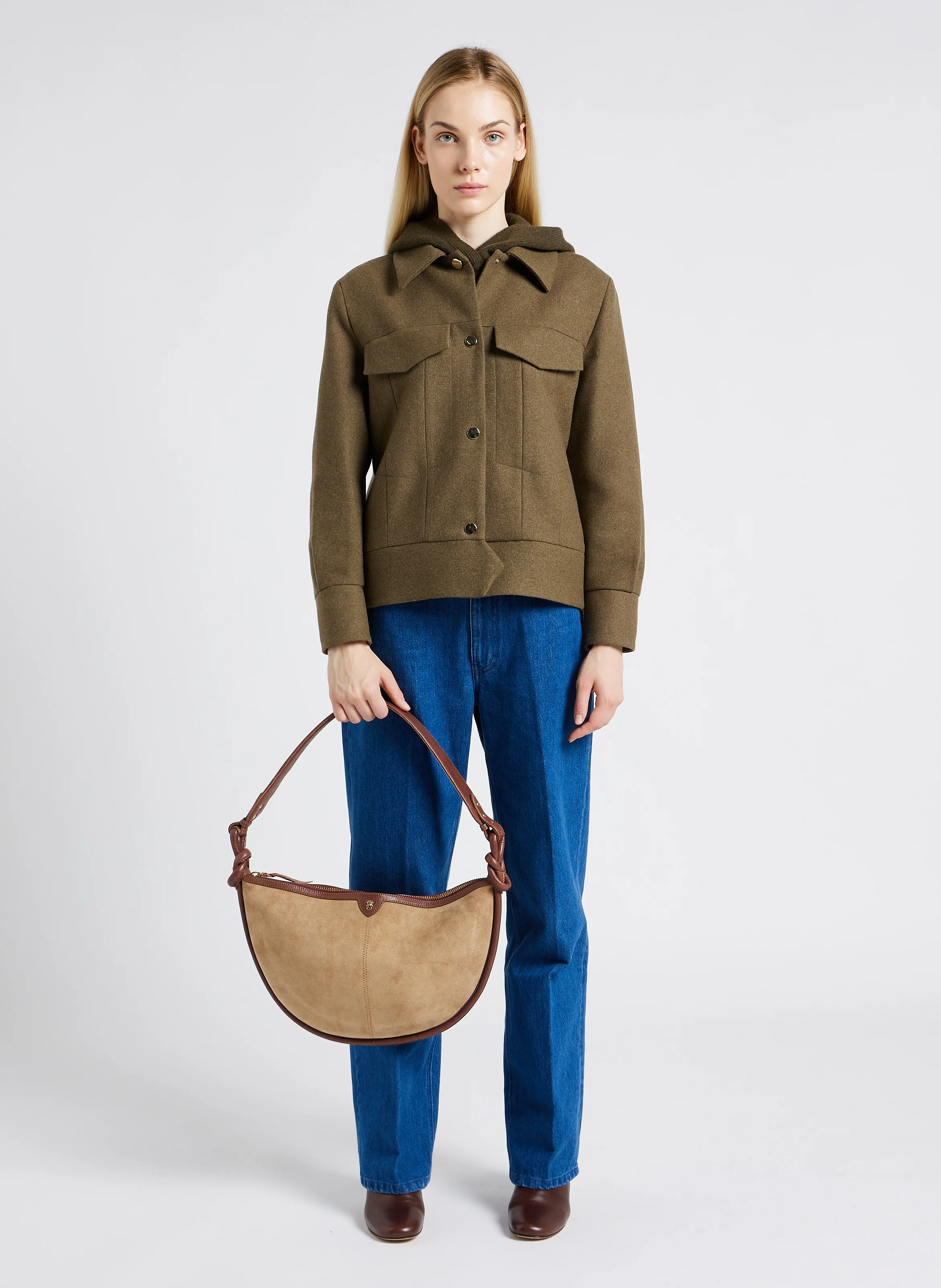 CHRIS - Sac demi-lune en cuir velours | Beige