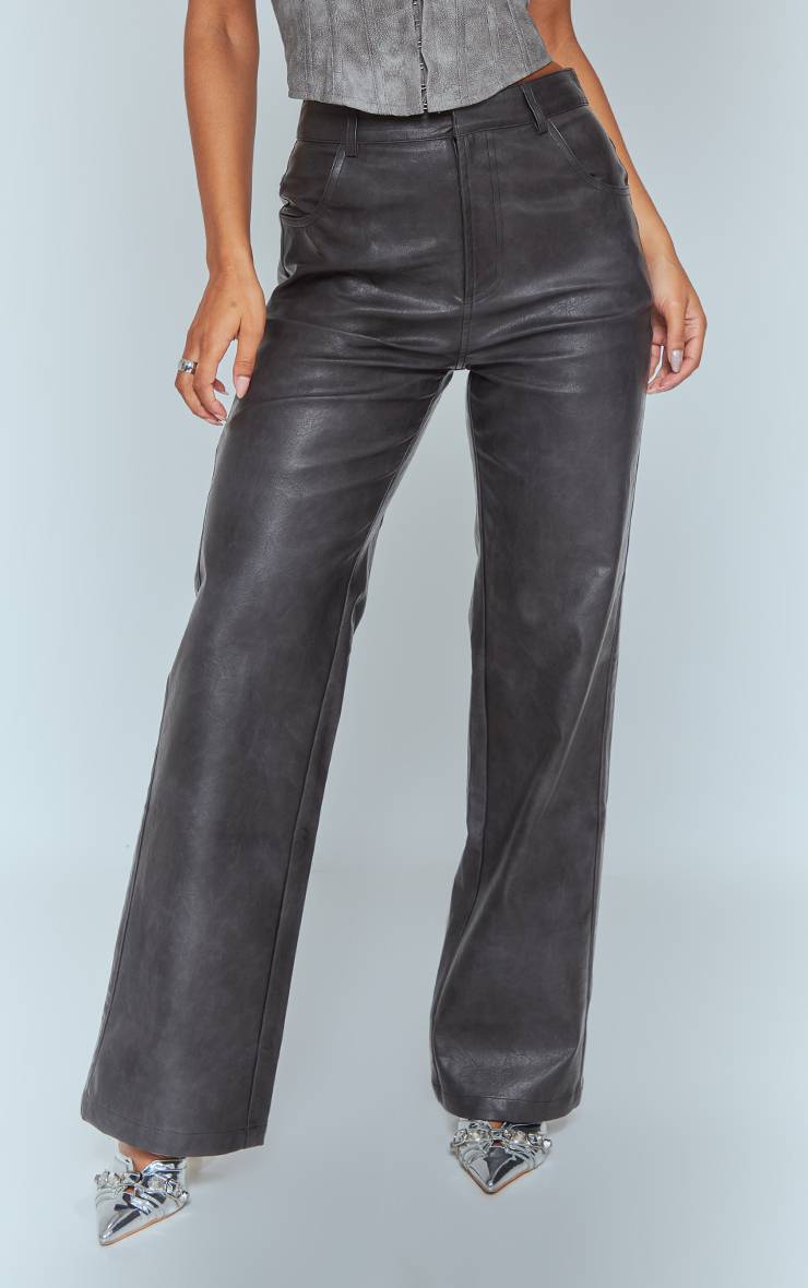 Noir Délavé Pantalon Droit En Synthétiquecuir Effet Délavé