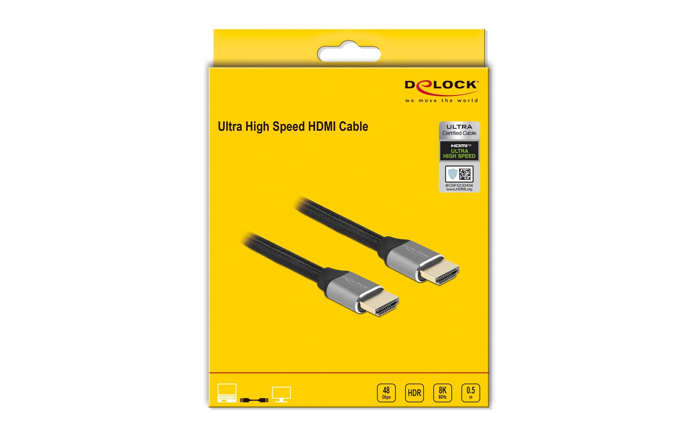 Kabel 8K 60Hz HDMI - HDMI, 0.5 m, GrauDelock Ultra High Speed HDMI Kabel 48 Gbps 8K 60 Hz grau 0.5 m zertifiziert