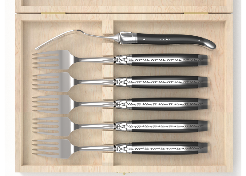 Service de 6 fourchettes Laguiole avec un manche en bois d'ébène et mitres en acier inoxydable