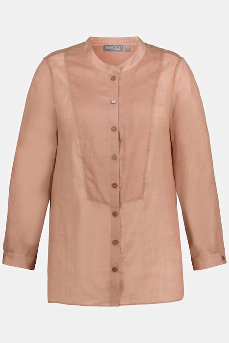 Bluse, Ramie, Plastron-Einsatz, Stehkragen, Langarm