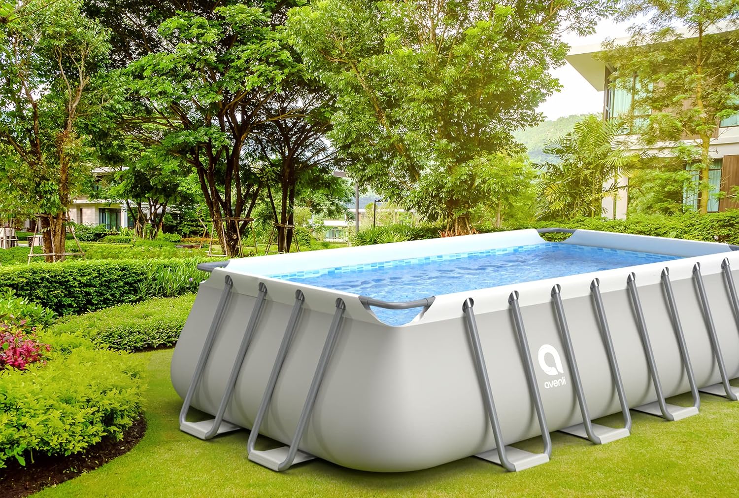 Avenli Pool 549 x 305 x 122cm Stahlrahmen Aufstellpool Komplettset mit Leiter Filteranlage Bodenplane & Abdeckung grau Framepool rechteckig Swimming Schwimmbecken