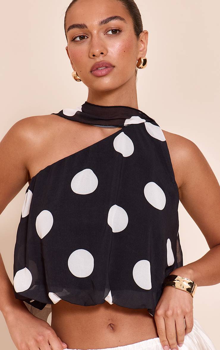 Deep Black Top Ballon Court À Détail Foulard En Mousseline Imprimé À Pois