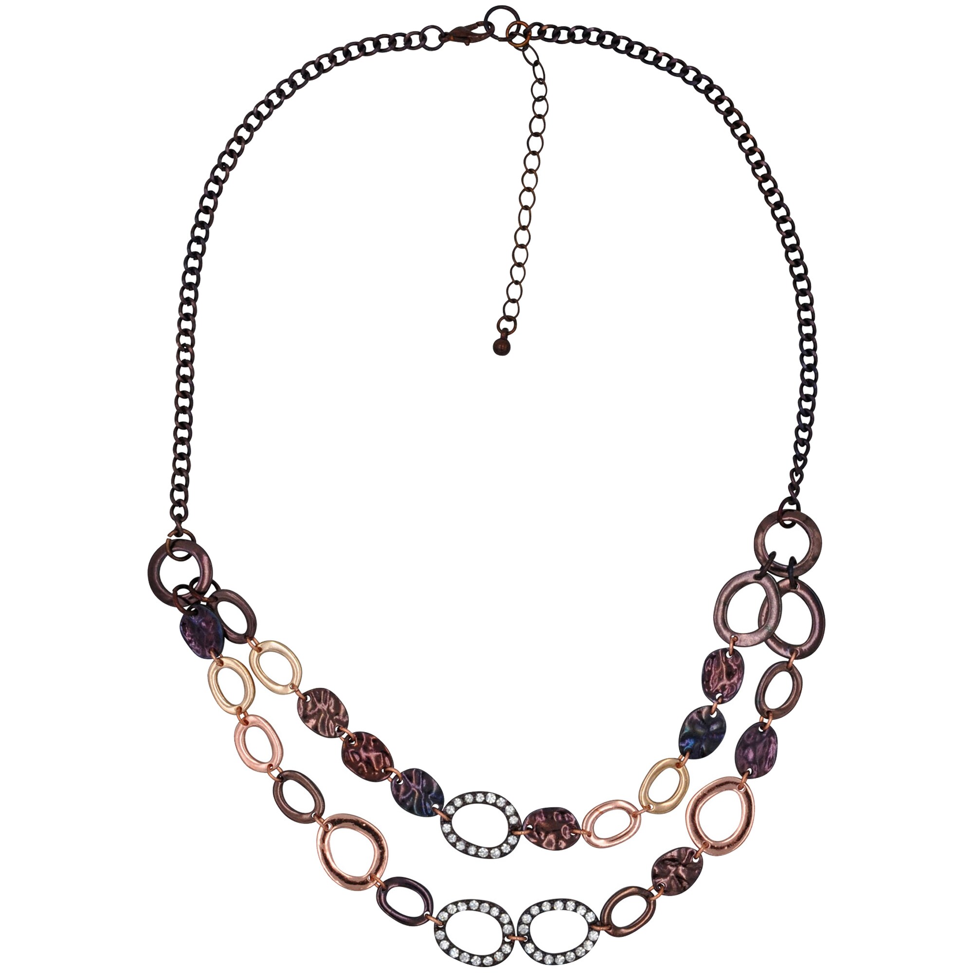 Steuer Modeschmuck Collierkette Metallcollier 2-reihig in kupferbraun mit Strasszierde