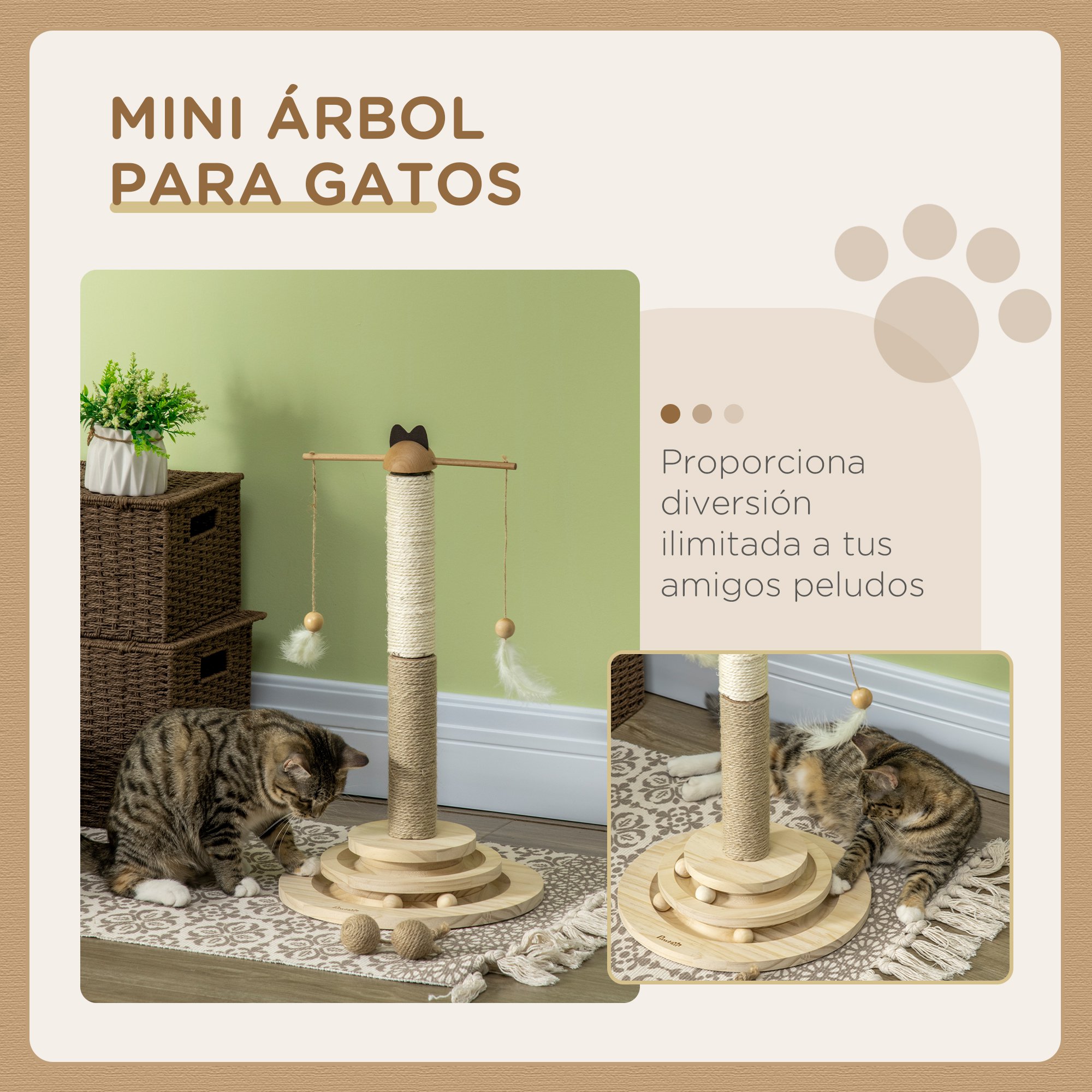 Arranhador de madeira para gatos PawHut, 56 cm de altura, torre para gatos, centro de atividades para gatinhos com poste de juta e sisal, bolas para brincar, Ø32x56 cm, natural