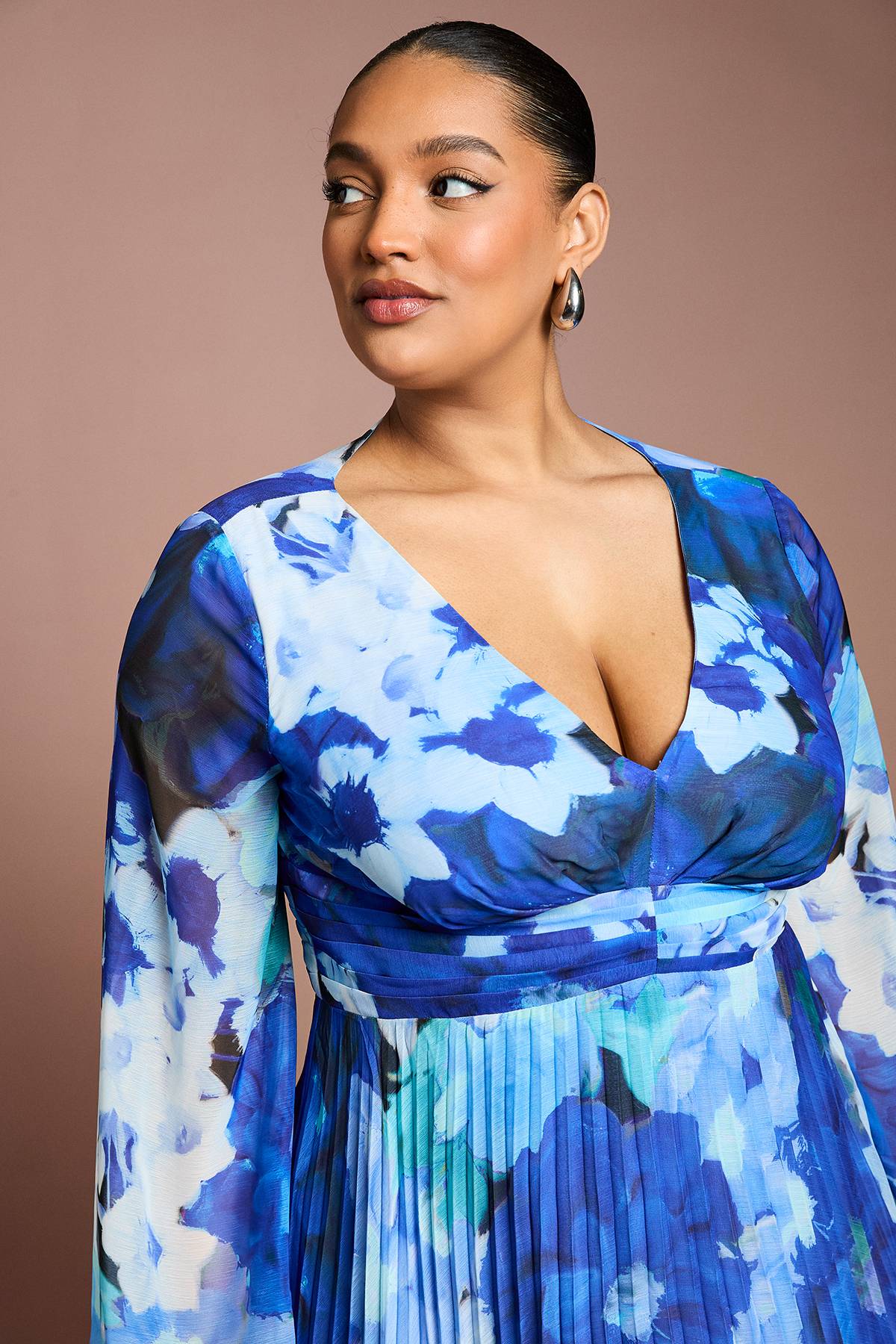 Coast Robe Mi-Longue Plissée à Manches Longues Imprimé Floral Grande Taille