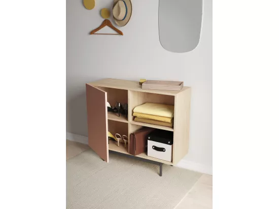 Buffet 1 porte - H78cm x L90cm x L34cm - chêne clair et rose - Printed