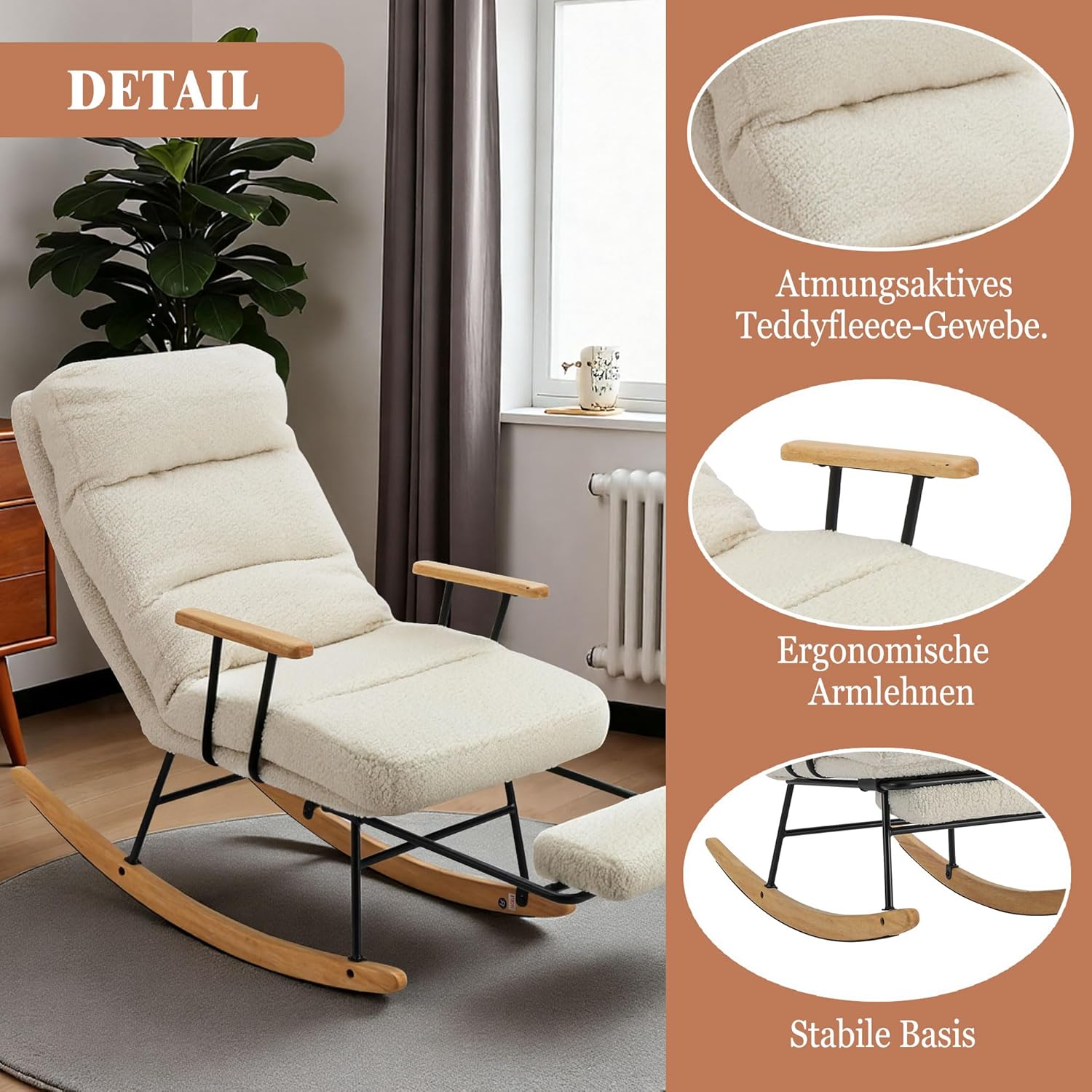 Home Nature Schaukelstuhl aus Holz, bis 150kg belastbar, Moderner Sessel mit Hoher Rückenlehne, Armlehnen & rutschfesten Füßen, für Wohnzimmer, Outdoor (Beige mit Fußstütze)