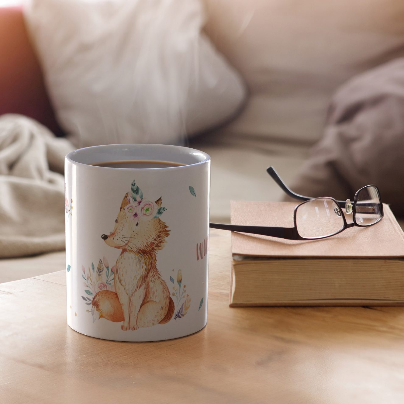 Personalisierte Panorama-Tasse, weiß (Motiv: Fuchs)
