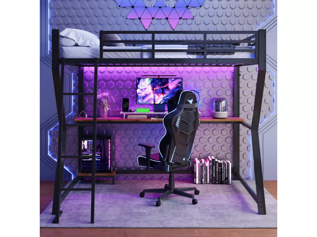 Lit mezzanine 90 x 200 cm avec bureau, prise+USB et étagères - Lumière d'ambiance - Métal - Noir (sans matelas)