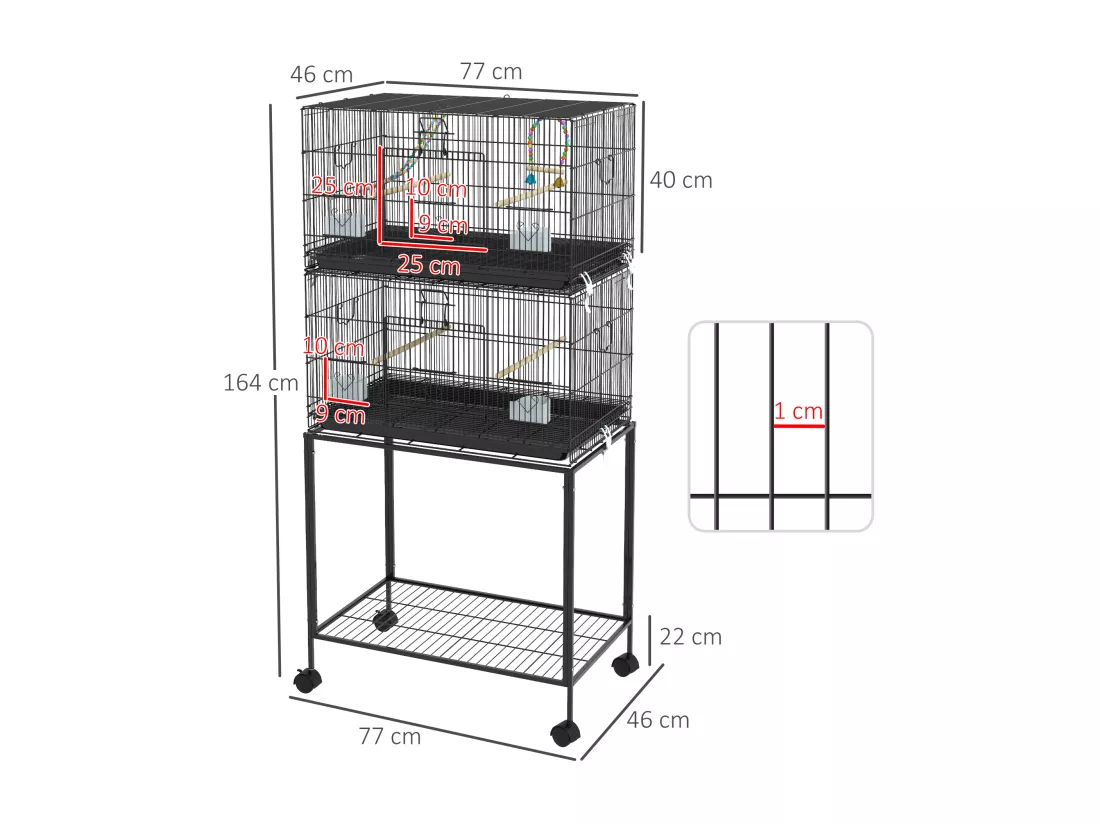 Double cage à oiseaux sur roulettes - étagère, plateau déjection, 4 perchoirs, 4 mangeoirs, poignée - dim. 77L x 46l x 164H cm acier noir