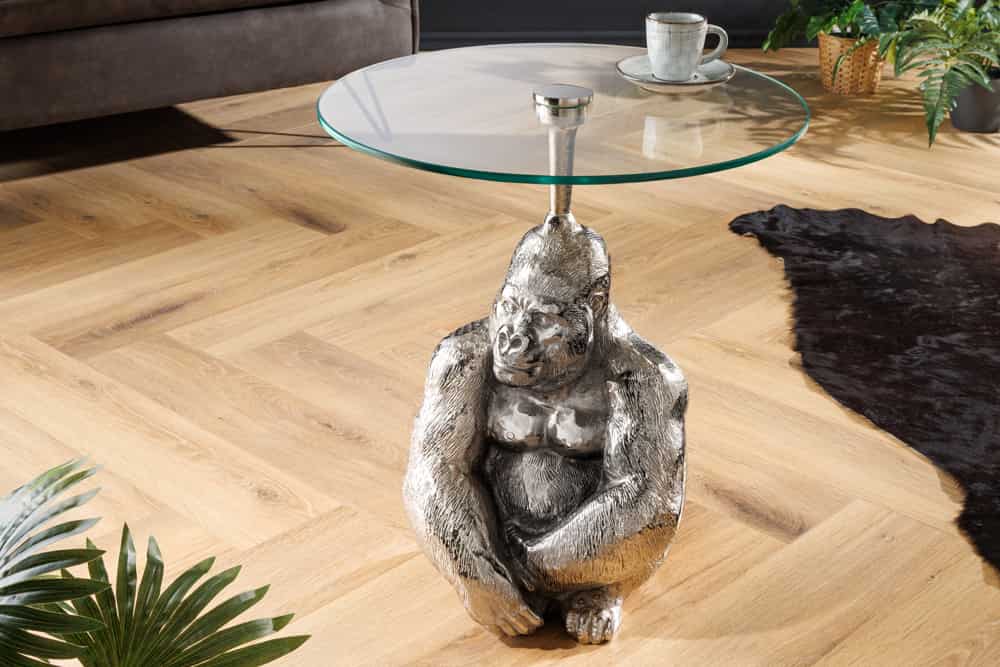 Runder Beistelltisch KONG 50cm silber Metall Glas Affenfigur Gorilla Skulptur