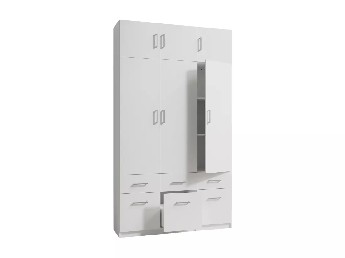 Armoire 3 portes et 6 tiroirs - L136 cm - Blanc + Réhausse - BELOMY