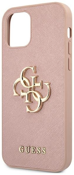iPhone 12 / iPhone 12 Pro Leder Saffiano Hardcase Hülle Metall Logo (GUHCP12MSA4GGPI) - Rosa / Gold