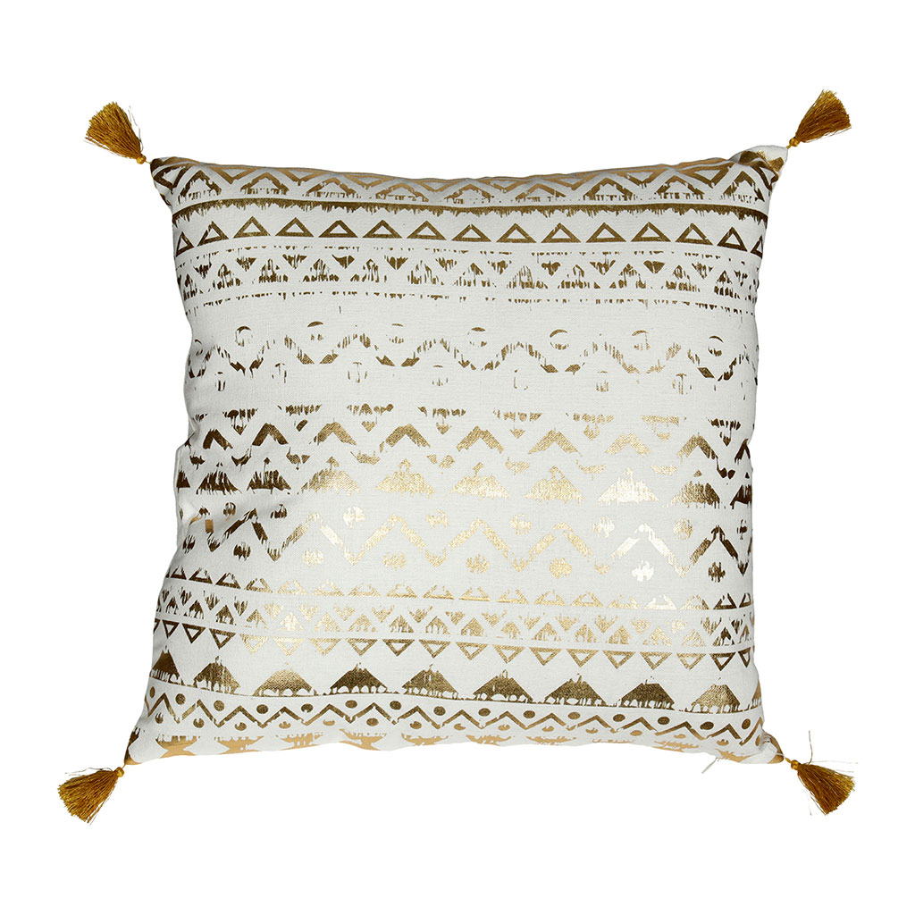 Coussin déco blanc ACAPULCO à pompons moutarde et motifs dorés 45x45cm