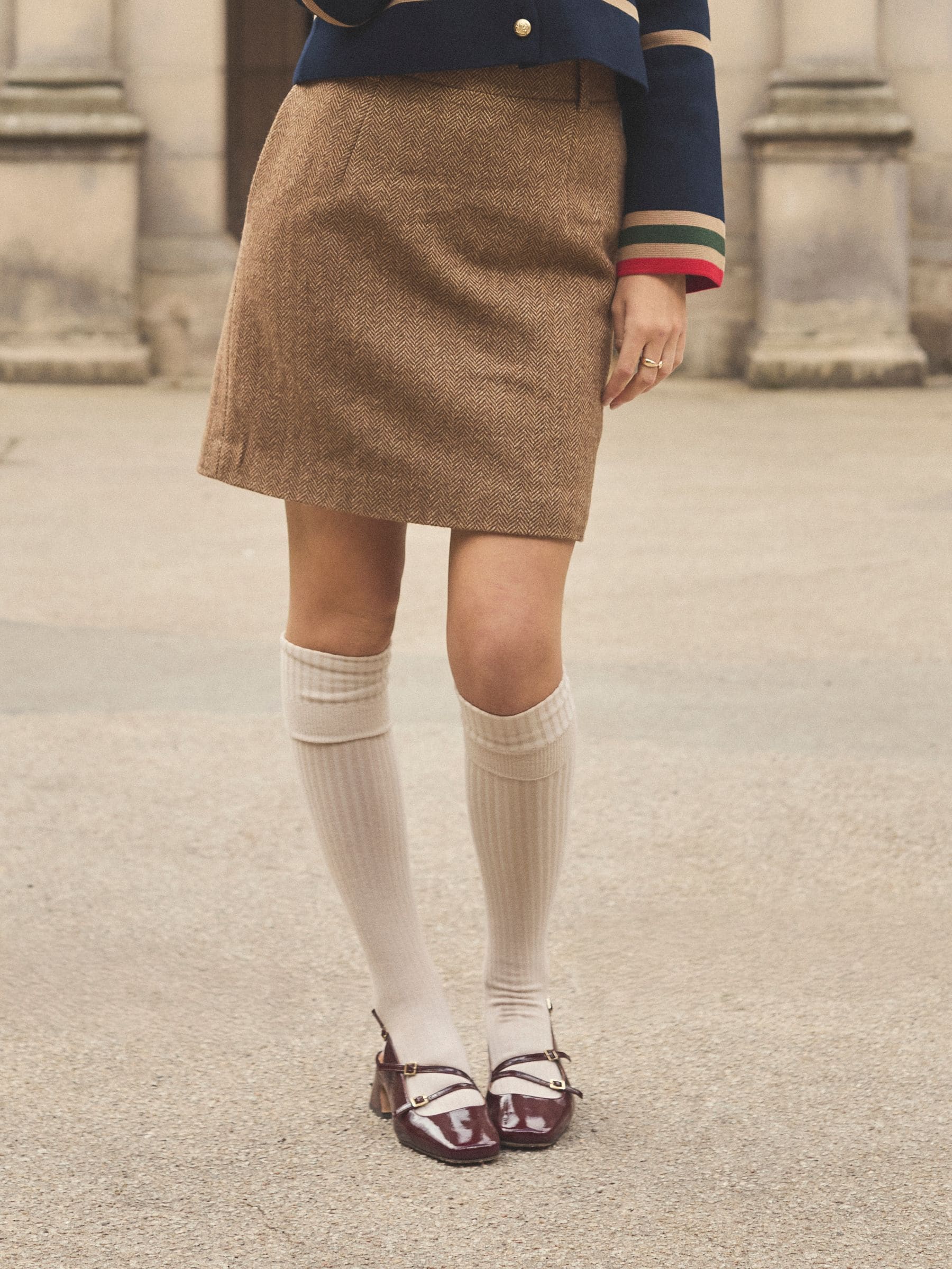 Tan Brown Herringbone - Joules Bramble Tweed Wool Blend Skirt