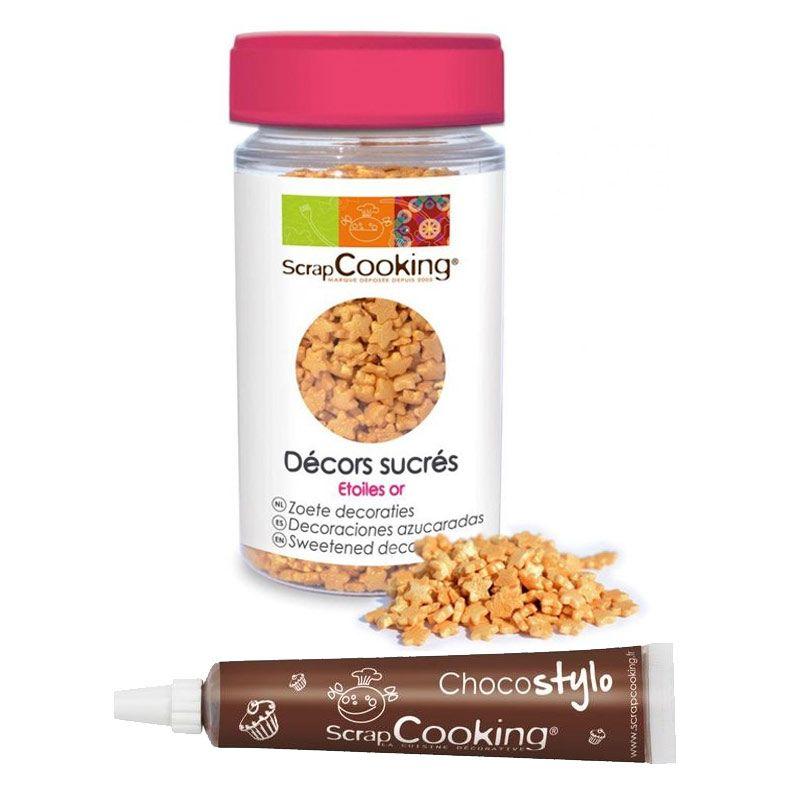 Décors sucrés étoiles dorées + Stylo chocolat Scrapcooking