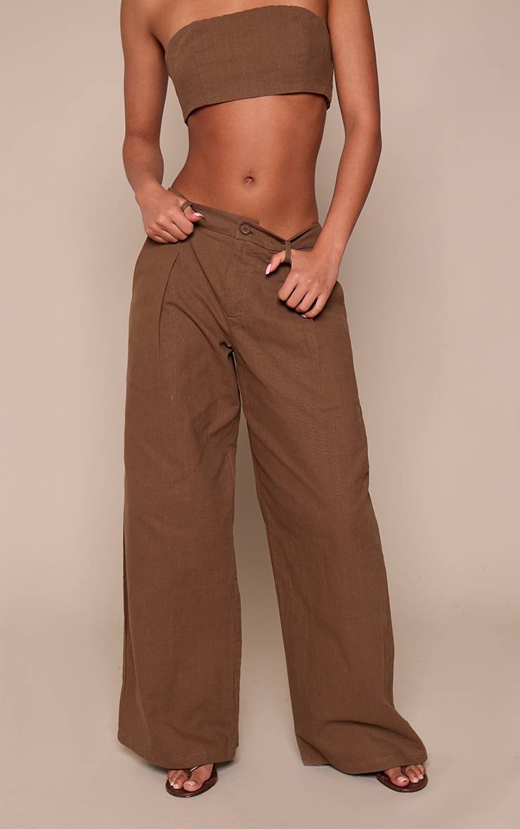 Marron Foncé Ensemble Coordonné Pantalon Tailleur Aspect Lin