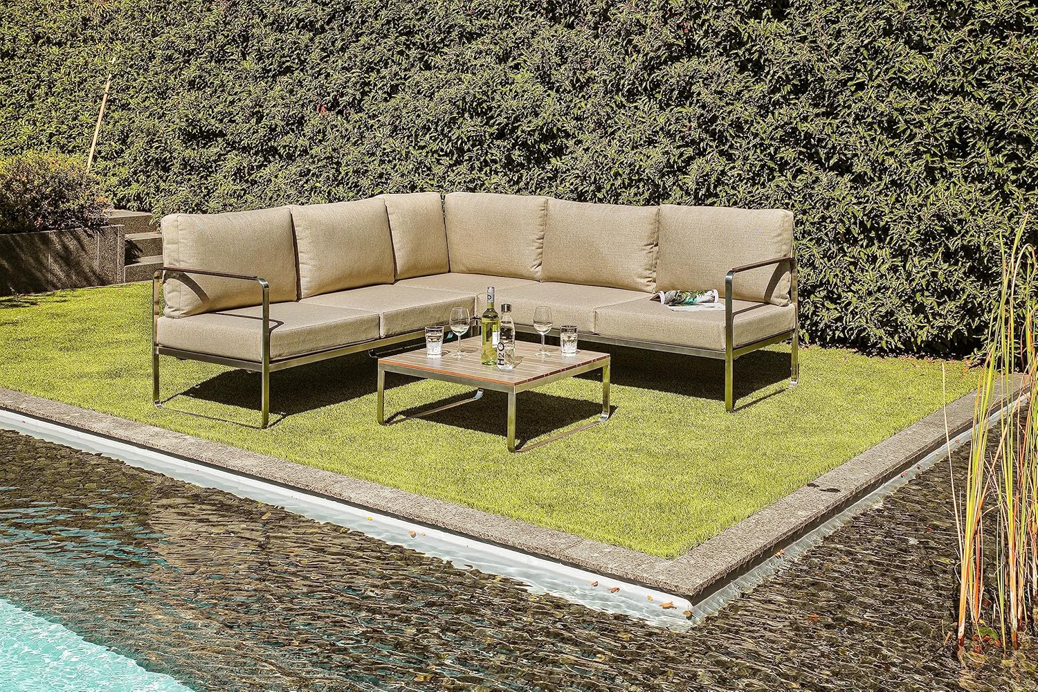 greemotion Gartenmöbel Set Sydney Beige 4-teilig - Lounge Set aus Edelstahl - Gartenlounge Set inkl. Kissen
