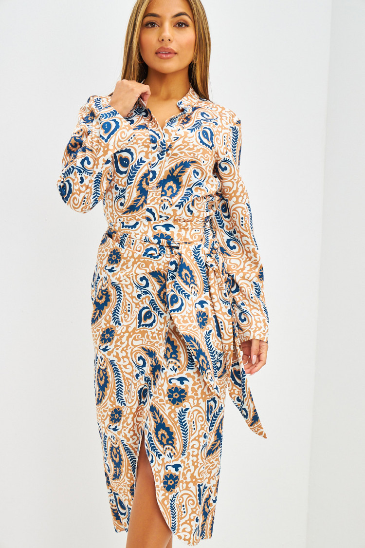 Ensemble chemise + jupe à motif Paisley camel et bleu