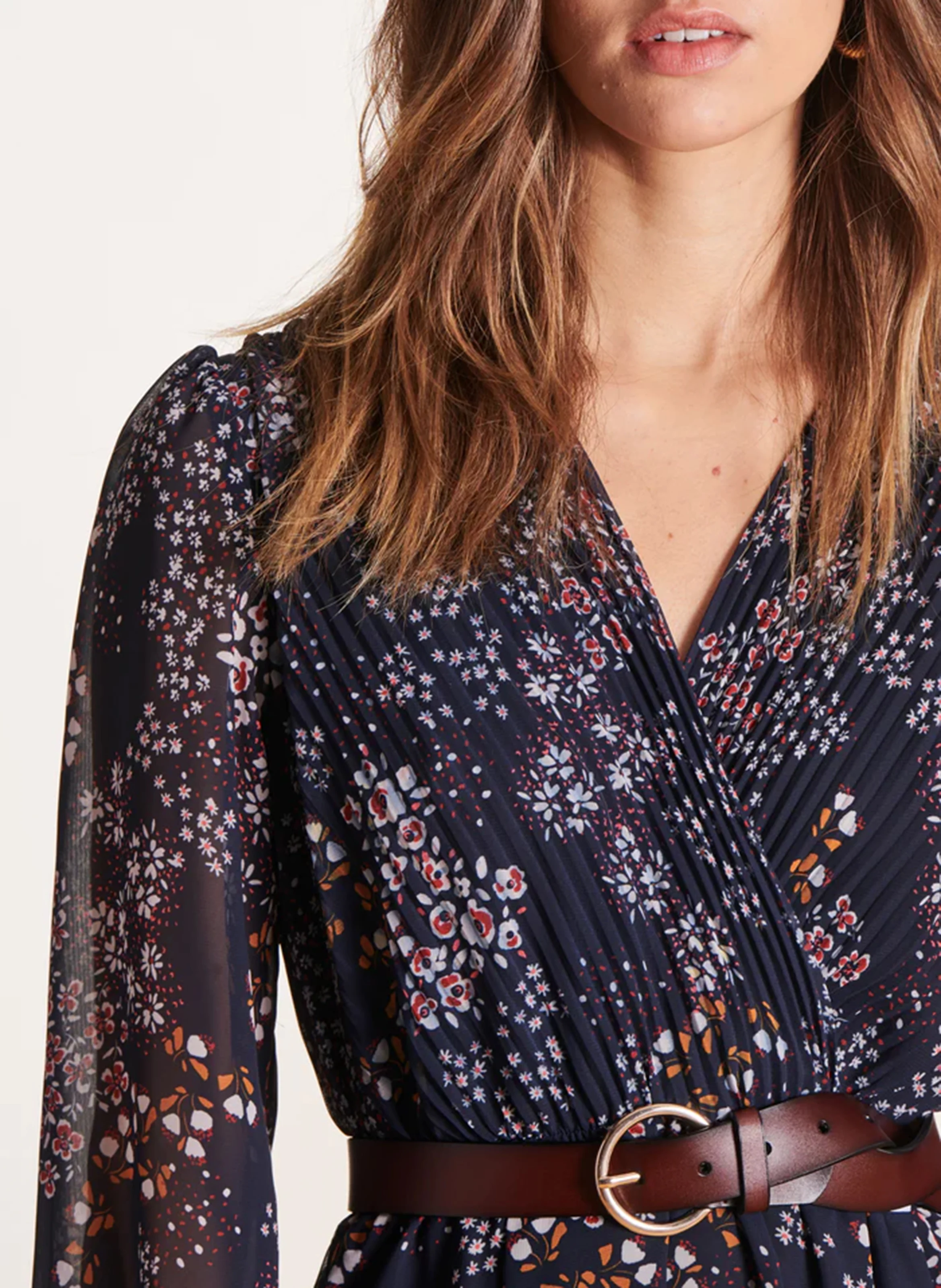 Robe longue plissée à fleurs | Bleu