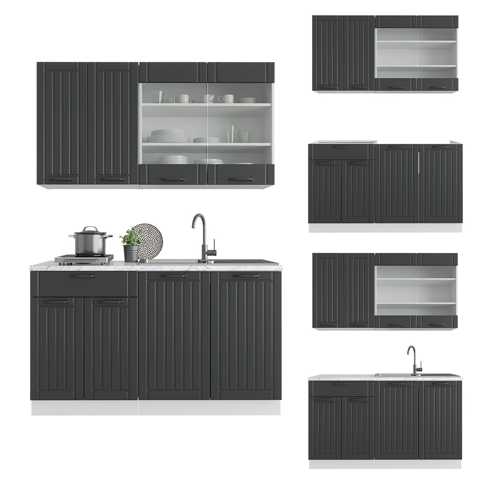 Vicco Küchenzeile Single Einbauküche Landhaus 140 cm Küchen Fame-Line Anthrazit