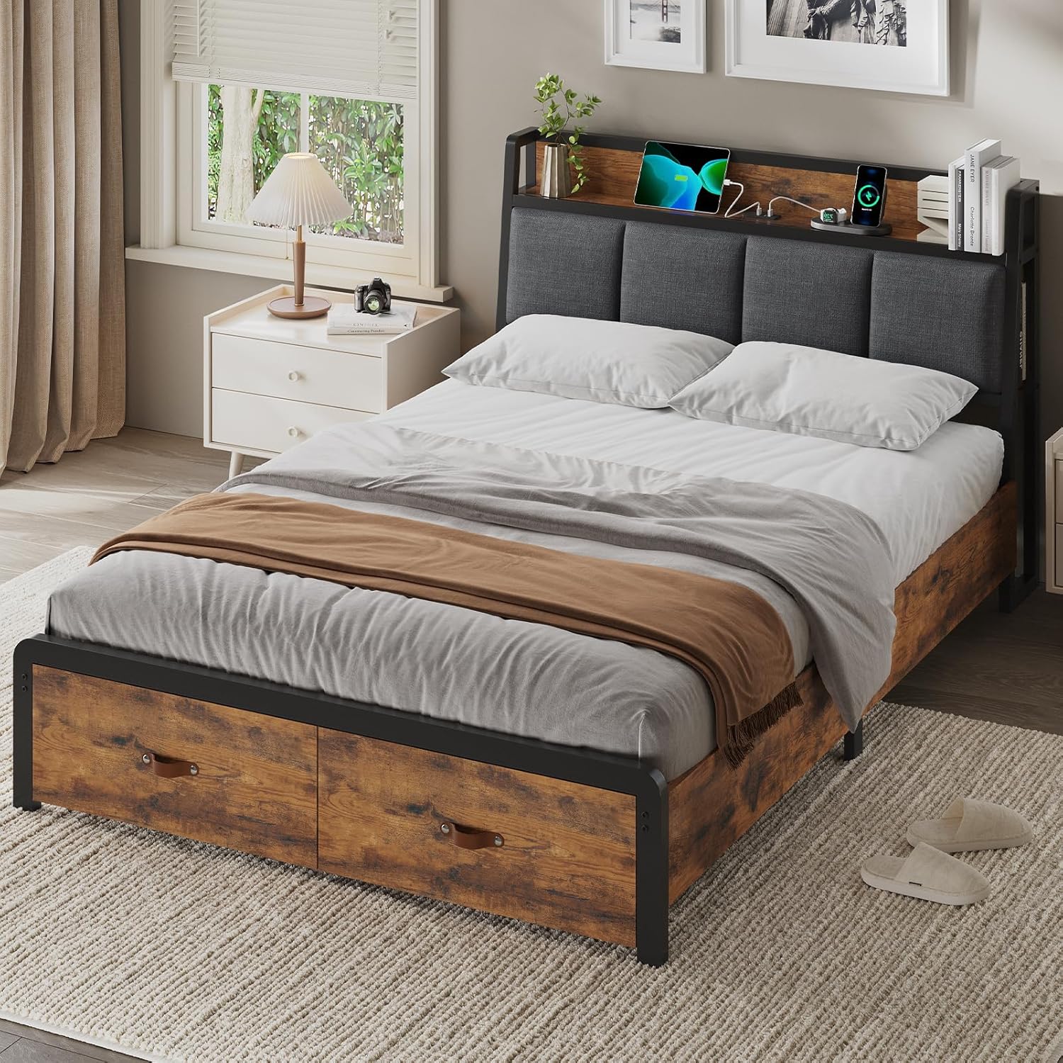 Bett 140x200 cm, Metallbett Bettgestell, Bettrahmen mit Lattenrost, Ladestation, 2 Schubladen, Metallrahmen & Holzkopfteil mit Stauraum, für Schlafzimmer, Gästezimmer, Schwarz+Vintage-braun