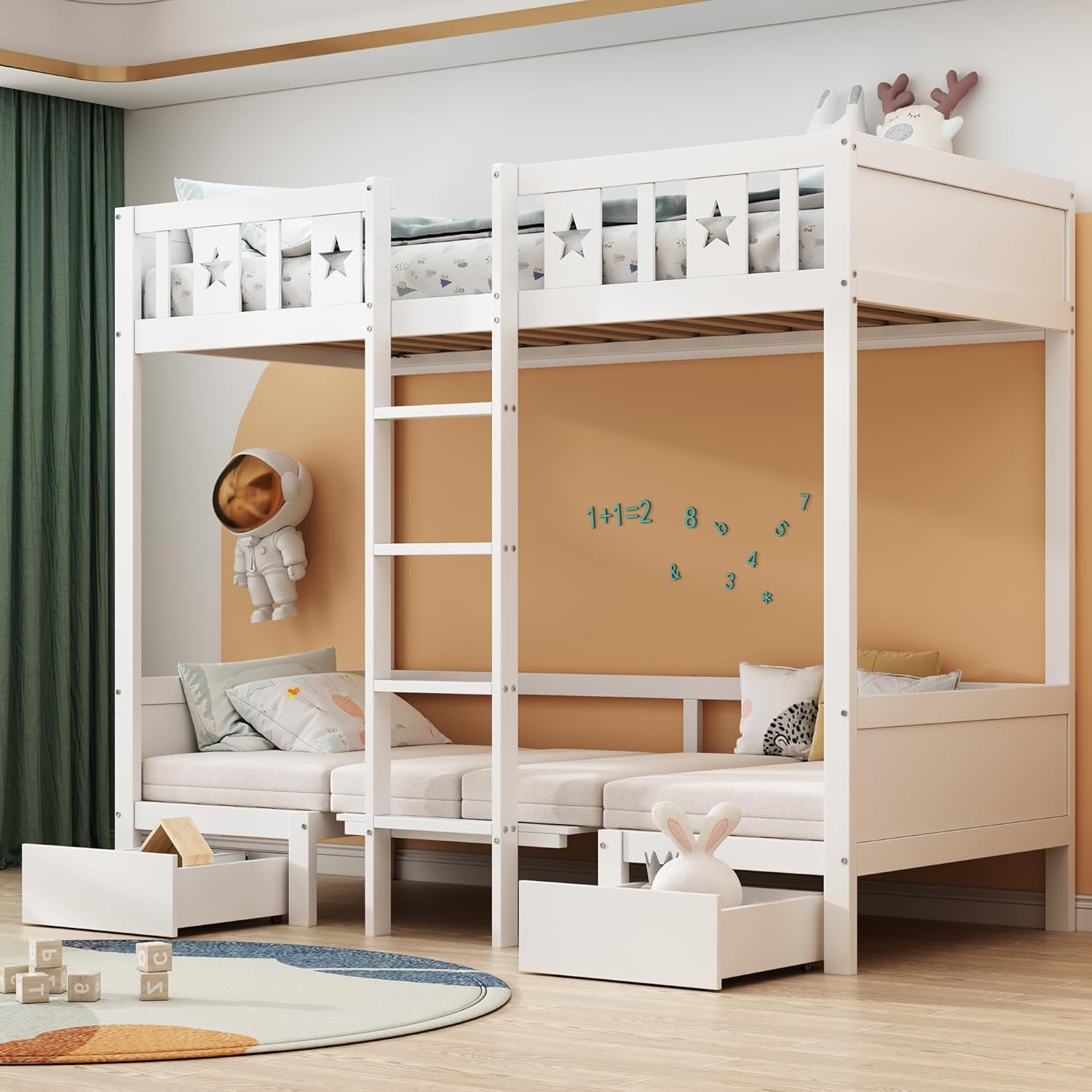 Platzsparendes Etagenbett für Kinder, Hochbett mit Flexibler Tisch und Holzsofa, Kinderbett mit Treppe und 2 Schubladen, 90x200cm Funktionsbett Stockbett Hochbett Jugendhochbett, Weiß, Ohne Matratze