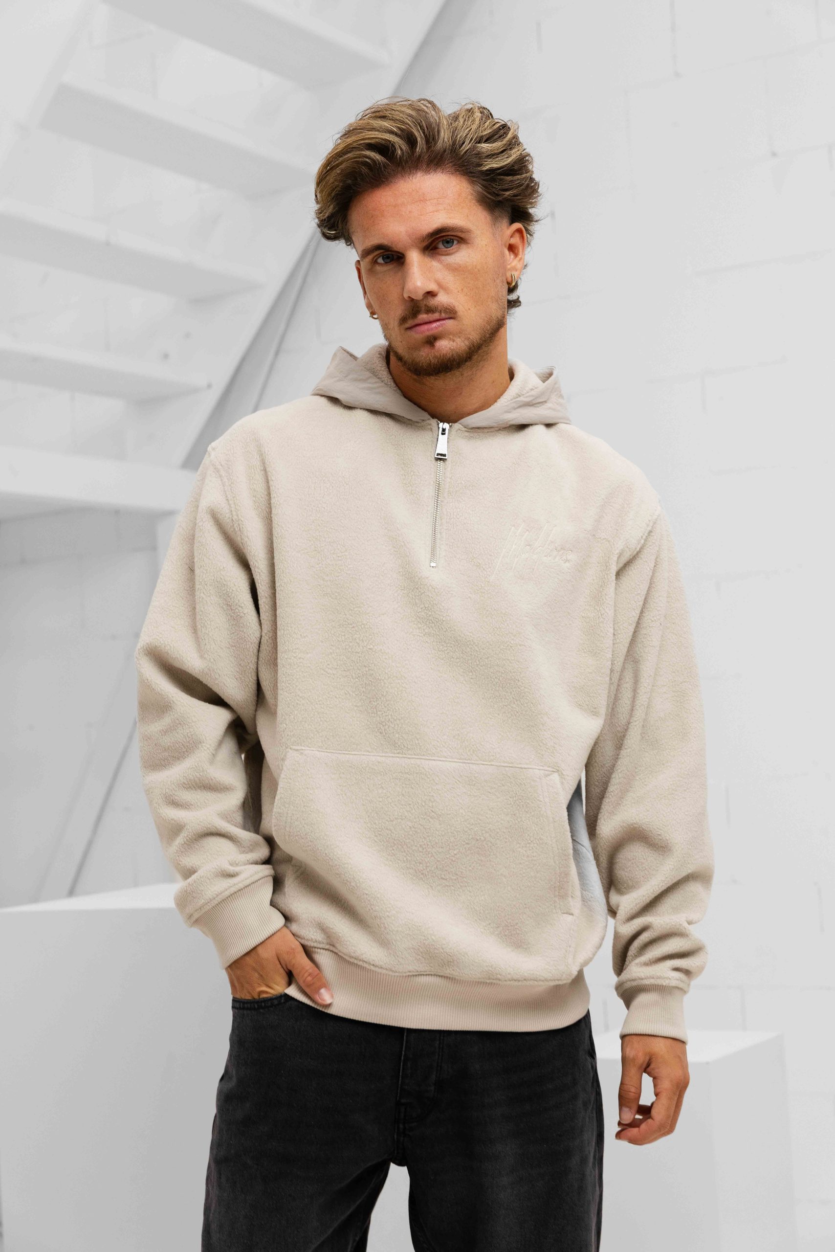 Malelions Fleece Nylon Half Zip Hoodie Heren Beige